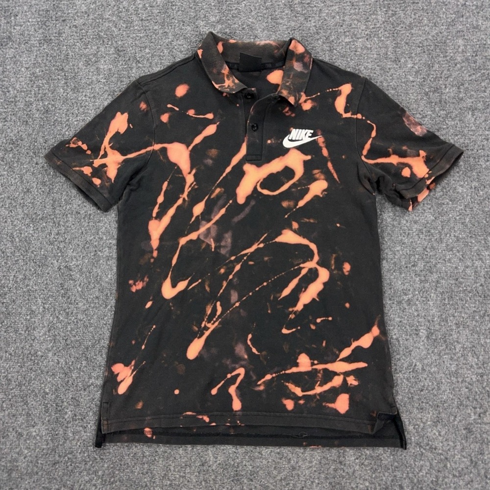 Nike Polo Shirt Mens S Black 100% Cotton Bleach Dye Graphic Logo Knit Casual